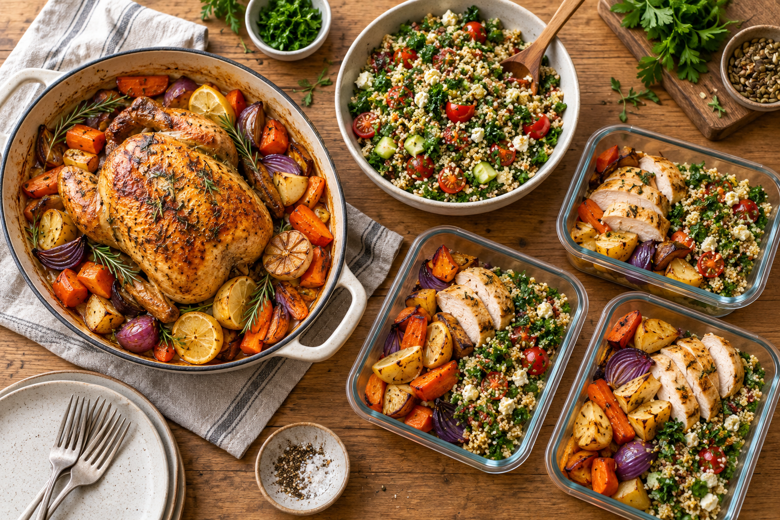 A spread of freshly prepared chicken, vegetables and salads in meal containers